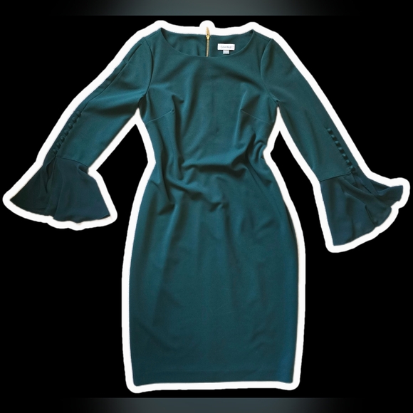 Calvin Klein Forest Green Chiffon Bell Sleeve Sheath Dress - Size 10 - Picture 2 of 12